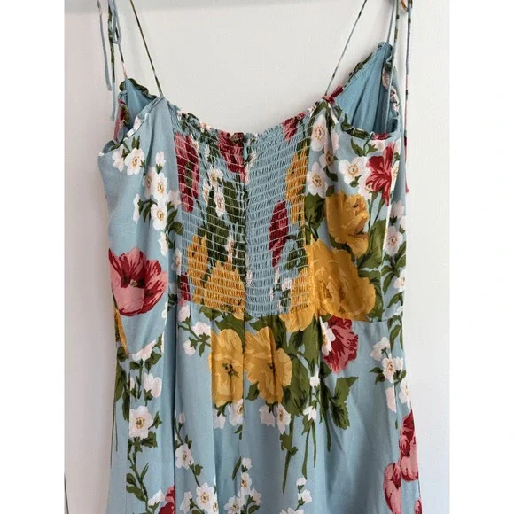 Reformation Enya Midi Dress Light Blue Floral Ruffle Hem Tie Strap Size 12 - Picture 11 of 12